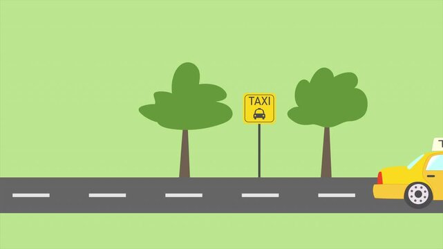 yellow taxi drives down the road stops near taxi sign and then drives away. 4K animation