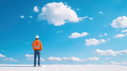 A construction worker in an orange vest stands on a rooftop under a clear blue sky filled with fluffy white clouds.