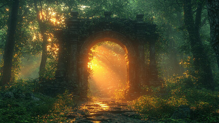 Fototapeta premium Mystical forest sunrise at ancient archway nature photography enchanted landscape serene viewpoint
