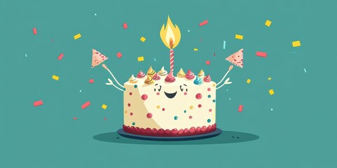 A happy birthday cake with candle and celebratory decorations