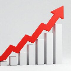 business graph with red arrow. A red arrow pointing upwards on top of white bars representing growth and progress. growth graph chat with red arrow. growth concept.