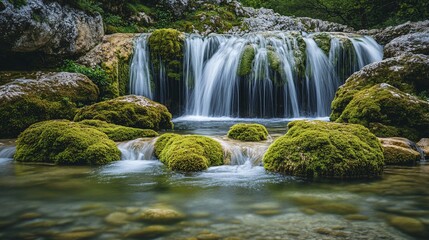 Scenic waterfall cascading down a small rocky natural landscape with vibrant green moss