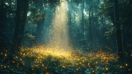 Captivating glowing fireflies dance in enchanted forest ethereal nature scene dreamy atmosphere