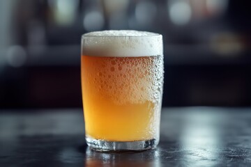 A detailed shot of a frothy golden beer in a thick glass, condensation forming on the outside.