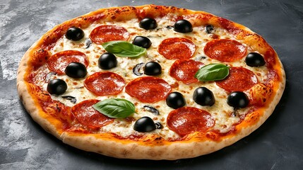 Pepperoni pizza with olives and basil on a gray surface, ready for culinary use