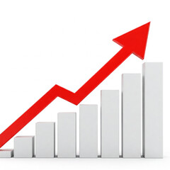 business graph with red arrow. A red arrow pointing upwards on top of white bars representing growth and progress. growth graph chat with red arrow. growth concept.