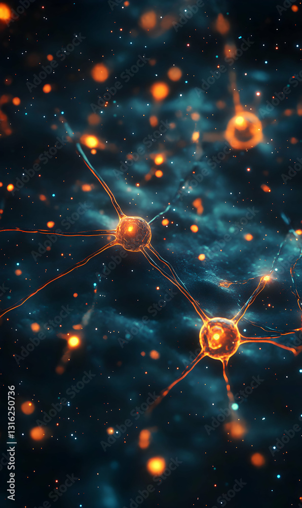 Poster interconnected neural networks in a starry universe with glowing orbs and pathways