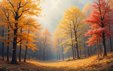 Fototapeta premium An abstract illustration of a colorful autumn forest with leaves falling from trees