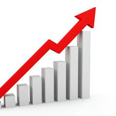 business graph with red arrow. A red arrow pointing upwards on top of white bars representing growth and progress. growth graph chat with red arrow. growth concept.