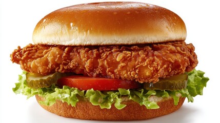 A symphony of flavors unfolds in every bite of this juicy chicken burger. A crispy fried chicken fillet, crowned with fresh lettuce, a ripe tomato slice, tangy pickles, and creamy mayonnaise, all