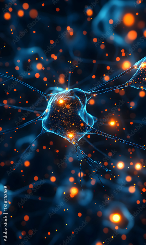 Poster digital rendering displaying neural network connection with vibrant glowing particles elements
