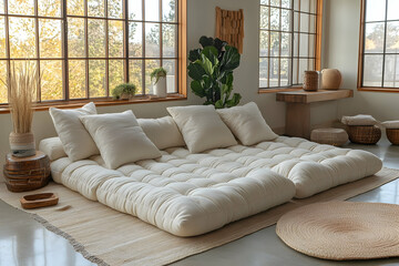 Comfortable floor seating arrangement with off-white cushions and natural fiber rug in a bright room