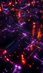 Futuristic circuit board illustration with neon lights simulating city at night theme