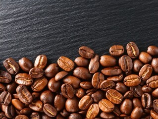 Naklejka premium Vibrant coffee beans scattered on a dark wooden surface highlighting rich textures and natural warm tones