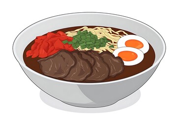 Cartoon ramen in a bowl, ready to eat, with ingredients, white background, for food illustration