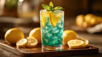 Fototapeta premium A vibrant, emerald-hued Long Island Iced Tea, adorned with a lemon twist and a sprig of refreshing mint, sat majestically on a sleek, dark wooden tray, its citrus aroma mingling with the scent of the