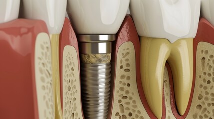 Closeup view of dental implant embedded in the jawbone with abutment and prepared area for future