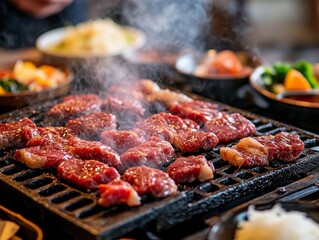 Closeup view of a traditional Japanese yakiniku grill in action with various cuts of meat sizzling