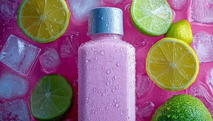 Picture taken from directly overhead of a white tube of cream and a spray bottle without labeling, surrounded by ice, water drops, partial and complete lemons on a pale pink background that includes