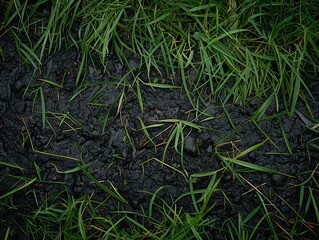 Closeup view of wet short grass ground after rain in evening light with clean lines and detailed texture