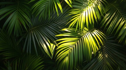Lush Green Tropical Palm Fronds Exposed To Soft Sunlight