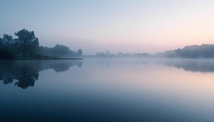 Obraz premium Misty Morning Serenity: A tranquil scene unfolds as a serene lake mirrors the soft hues of the dawn sky, with the gentle mist adding an ethereal quality.