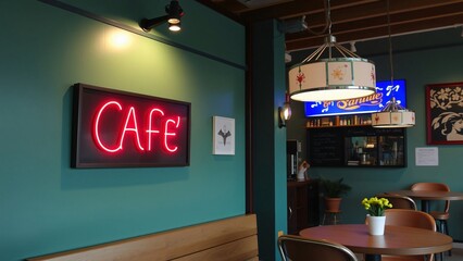 Retro Cafe Interior with Neon Sign and Vintage Lighting