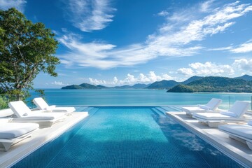Obraz premium Infinity pool overlooking ocean and mountains.