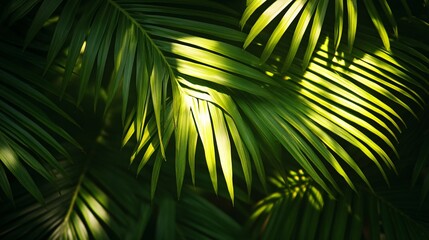 Green palm tree leaves with sunlight shining through the fronds