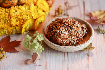 Flapjack cookies with seeds on the table.