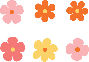 Hippy groovy daisy flowers set. Retro vintage style, hand drawn decorative elements. 60s, 70s, icon flower, pastel colors, kids cute decor. Flat cartoon illustration.