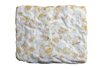 Close-Up of Traditional Fresh Tempeh Fermented Soybeans with Rhizopus Mold Texture - Food Texture Background.