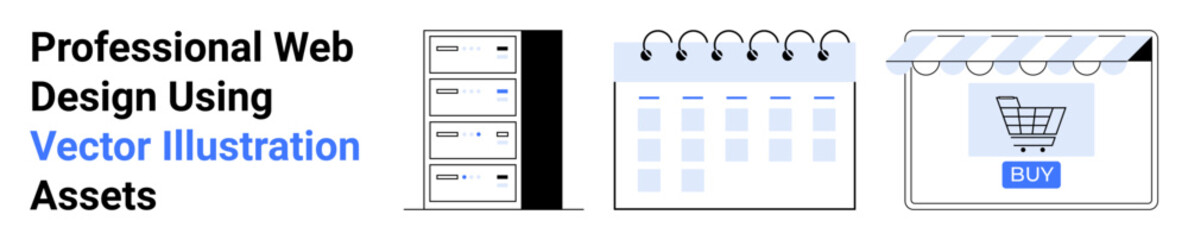 Server rack, calendar, and online store window design elements representing hosting, scheduling, and e-commerce. Ideal for tech, planning, business, data management online shopping and education