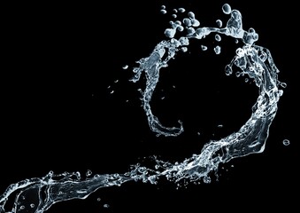 黒背景に飛び散った抽象的な青い水しぶきの3dイラスト