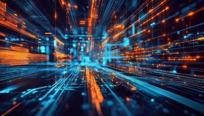 Fototapeta premium This futuristic tech background showcases dynamic blue and orange light lines, evoking rapid digital movement