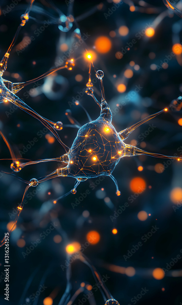 Poster artistic rendering of neural network connectivity with glowing nodes and interconnected paths