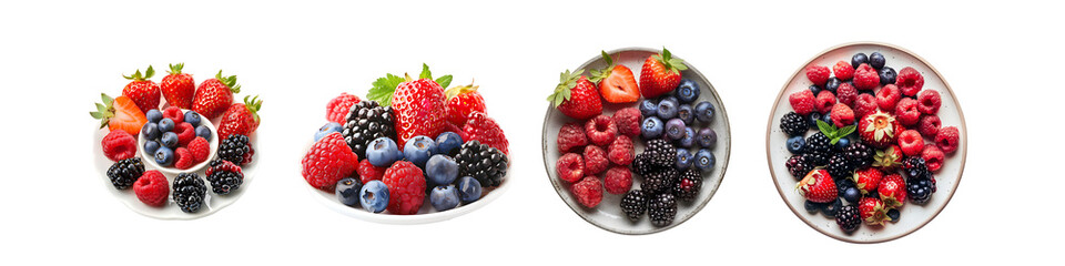 Fresh Mixed Berries on Plates: Strawberries, Blueberries, Raspberries, and Blackberries