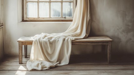 White Cloth Draped on Rustic Wooden Bench Near Window