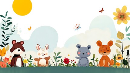Naklejka premium Sunny Meadow Friends: A Charming Hand-Drawn Illustration AI Generated