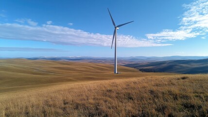 Obraz premium Stunning panoramic view of a wind turbine showcasing its generator and rotor against a clear blue sky.