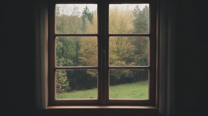 Wooden window overlooking autumnal forest