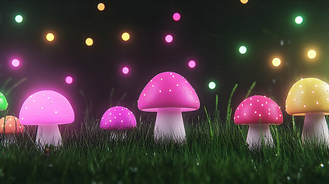 Snowy forest with fly agaric mushrooms and a cozy village at night, agry mushroom, night mushroom