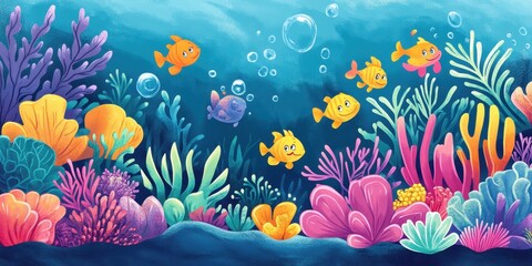 Cartoon fishes swimming around colorful coral and seaweed formations