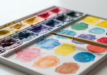 Obraz premium Watercolor Painting Palette with Brush and Vibrant Colors Closeup View