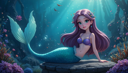 Mermaid Resting Underwater on Rock with Plants and Sun Rays