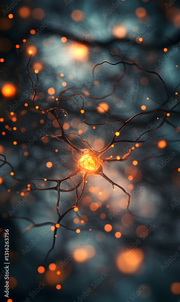 Poster abstract neuron network with glowing connections, neural network concept and brain activity