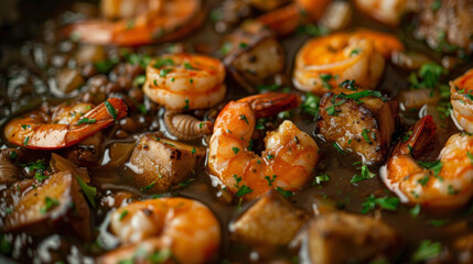 Close-up of Feijoada Capixaba with seafood, shrimp, squid, fish in rich dark stew, garnished