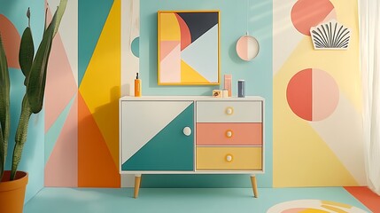 Mid-Century Modern Sideboard in a Vibrant Geometric Room - 3D Render AI Generated