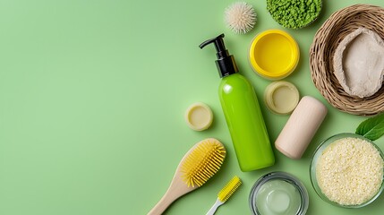 Naklejka premium Bright Green Background Bath Products Flatlay