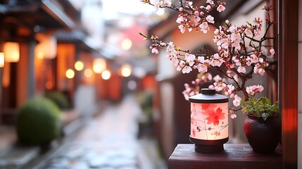 Obraz premium Close-up of serenity cherry blossom lanterns on traditional kyoto streets at night
